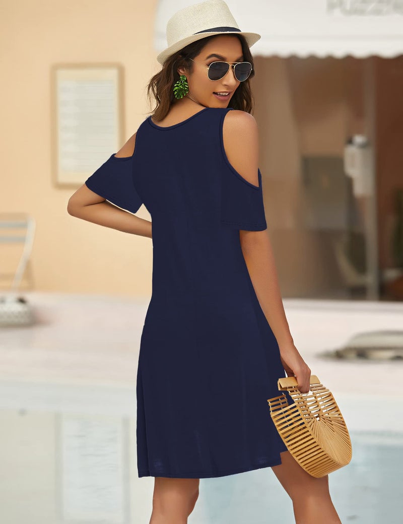 Bluetime Women Cold Shoulder Summer Dress Short Sleeve Beach Casual Loose Swing Dress (L, Navy Blue) - Image 4